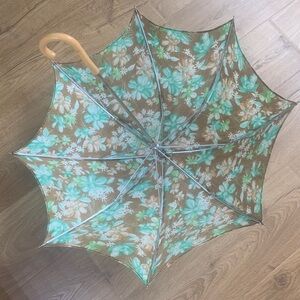 Vintage Teal Turquoise Green Brown Floral Print Parasol Umbrella Bakelite Handle